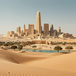 dune but there are trees and water like an oasis, city and temples of arrakis, arrakeen, arab ar architectural and brutalism and gigantism, from frank herbert novels, composition idea concept art for movies, style of denis villeneuve and greg fraiser