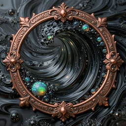 art nouveau cresting oil slick waves, hyperdetailed bubbles in a shiny iridescent oil slick wave, black opals, ornate copper patina medieval ornament, rococo, organic rippling spirals