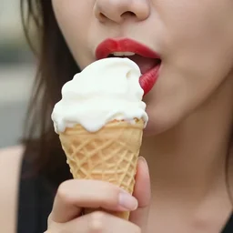 a woman with red lipstick eating an ice cream cone extreme closeup