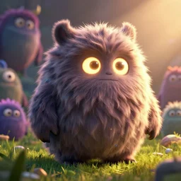 shaggy fluffy cute 🥰 monsters glowing eyes, detailed, concept art, low angle, high detail, warm lighting, volumetric, godrays, vivid, beautiful, trending on artstation, by jordan grimmer, huge scene, grass, art greg rutkowski
