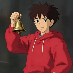 portrait of a young wizard, wearing a red hoodie, holding a bell, cartoon, elegant, highly detailed, digital painting, concept art, smooth, sharp focus, illustration, art by studio ghibli, makoto shinkai, don bluth, fujita goro, jean giraud, atey ghailan, akihiko yoshida, tom whalen, anton fadeev 8 k