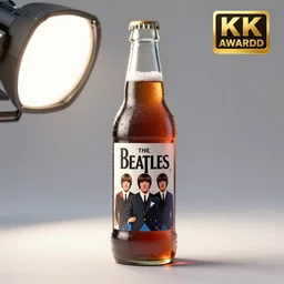 3d render, blender of an an advertisement for a beatles soda, with the beatles pasted on the packaging, soda bottle with a small illustration of the beatles pasted on the packaging, award winning, studio light, 4K