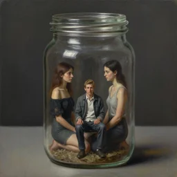 a tiny realistic proportioned man sitting inside a jar. beautiful detailed dramatic painting by artgerm and magali villanueve and michael whelan