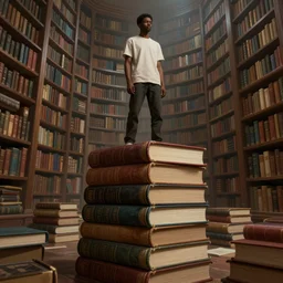 young black man standing atop a stack of giant books, infinite library background, ultra realistic digital painting, concept art, mysterious and magical, highly detailed, octane render, 8 k, unreal engine. art by artgerm greg rutkowski charlie bowater magali villeneuve alphonse mucha