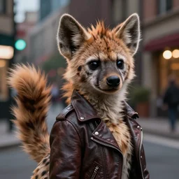 award winning beautiful portrait commission of a female furry anthro hyena fursona with a bushy tail and a leather jacket, detailed background, urban streets, artificial lighting, cute, beautiful, attractive, detailed,