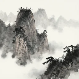 zen mountains forest clouds ink