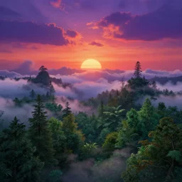a magical forested landscape accented by low clouds and a deep vibrant sunset, intricate detail, cg painting, cgi, matte, vibrant colors