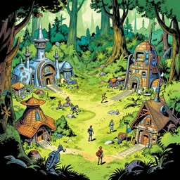 full page comic book drawings of retro scifi forest village scene, bold color palette, high contrast, by carel willink and jean giraud, comic book panels, octane render