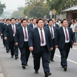 A large group of chubby men in suits and neckties parading through the street canes, overcast day, 1990s, color.