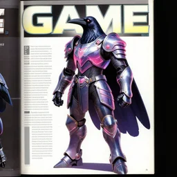 posing armored neon raven. game informer ( 1 9 8 9 ). original design by marcus lehto