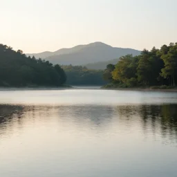 highly realistic 8 k photo of a landscape with a lake, calm, peaceful, morning light