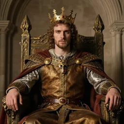 attractive bradley james as king arthur pendragon, sat in his throne, big arches in the back, very detailed face, by gaston bussiere, j. c. leyendecker