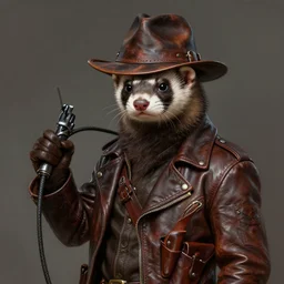 ferret wearing leather fedora hat, leather jacket, leather whip, gun, leather holster, leather bag, concept art, detailed face, fantasy, highly detailed, cinematic lighting, digital art painting by greg rutkowski