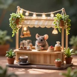 mini cafe for mice diorama macro photography, ambient, atmospheric photograph, bokeh, string lights, hanging plants, coffee, pastries