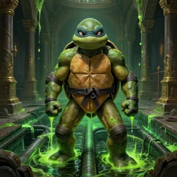portrait of a teenage mutant ninja turtle in a puritan temple in an underground sewerage network, unadorned, monastery interior, green glowing slime flowing down from the sewers, intricate, highly detailed, digital painting, artstation, concept art, cinematic lighting, illustration, by artgerm, greg rutkowski, alphonse mucha, cgsociety