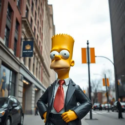 bart simpson in business suit, statue standing on street