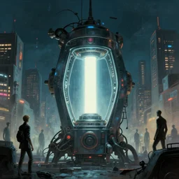 teleportation machine in a cyberpunk world, with people using it to travel the city, the machine is a large metal contraption with a bright light in the center by daniel ridgway knights and jean - honore fragonard, style of slenderman