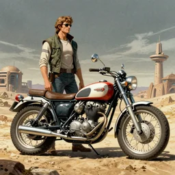 moebius and ralph mcquarrie style, vintage classic motorcycle, retro futuristic sci - fi technical drawing, blade runner 2 0 4 9
