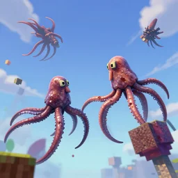 giant squids battling in the sky, minecraft, digital art, artstation, highly detailed, 4 k