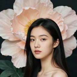 a close-up portrait of a beautiful asian girl with gigantic flower n the background by James Jean, Nicolas Party and Maria Sibylla Merian