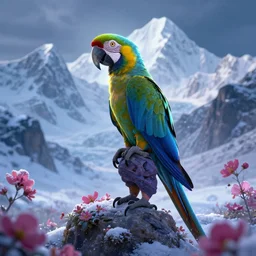 macaw alchemist boy in the flowering snowy mountains. complementary colors, indie concept art, luminescent, 4 k, chiaroscuro, backlighting.