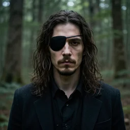 mysterious man with an eyepatch and a soul patch in a forest, photorealistic