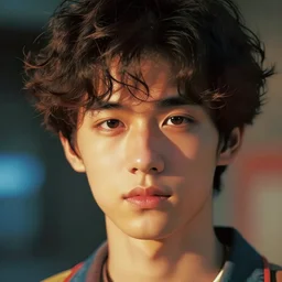 cute handsome teenage half-asian boy with wavy short hair, appealing, beautiful eyes, medium close-up, hyper-realistic, 80s, dystopian retro, saturated, concept art