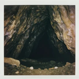inside a massive cave with a dark dropoff, megalophobia, old polaroid, expired film,