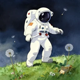 a wholesome animation key shot of astronaut taking the first step on the grass moon, studio ghibli, pixar and disney animation, sharp, disney concept art watercolor illustration by mandy jurgens and alphonse mucha and alena aenami, pastel color palette, dandelion seeds float, bloom, dramatic lighting