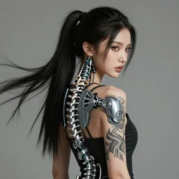 pretty asian woman with a black ponytail, tattoos on arms, cybernetic spinal implant, concept art,
