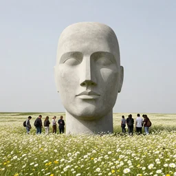 people gathered around an enormous, monolithic concrete head in the foreground of a meadow of daises, visible horizon, flat grey sky