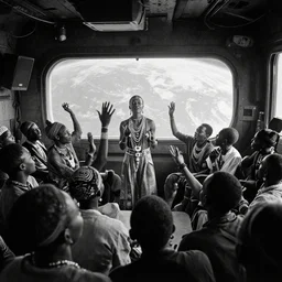 a analogue photo of an African tribal dj entertaining an excited crowd on a spaceship, earth seen from window, black & white, wide angle, grungy