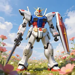 mecha gundam broken in a field of huge blooming flowers. highly detailed fantasy science fic tion painting by moebius, norman rockwell, frank frazetta, and syd mead. rich colors, high contrast. artstation