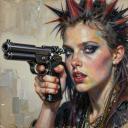 kill me softly with your dream gun detailed and highly reliefed analogue mixed media collage with canvas texture in style of conteporary art, punk art, photorealistic, expressionism, masterpiece, perfect composition, hyperrealistic beautiful face, spectacular quality, intricate oil details