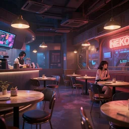 neko night cafe, cyberpunk, wide angle, au naturel, hyper detailed, digital art, trending in artstation, cinematic lighting, studio quality, smooth render, unreal engine 5 rendered, octane rendered