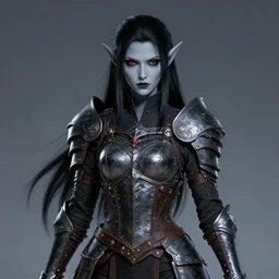 portrait of a beautiful female night elf warrior with pale grey skin. black hair. sombra hair cut. red eyes. full set of leather armour, yoshitaka amano,