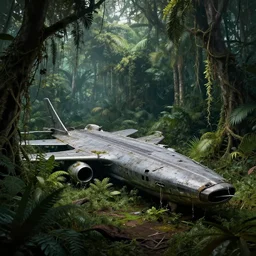 decayed aircraft Nimitz laying on the ground overgrown with vegetation and hanging vines, post apocalyptic, tropical forest, by Luis Royo, by Greg Rutkowski, dark, gritty, intricate, cover illustration, concept art, volumetric lighting, volumetric atmosphere, sharp focus, octane render, trending on artstation, 8k,