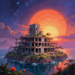 a beautiful photorealistic painting of architecture storage building unfinished building by robert venturi, cosmic landscape cyberpunk assassin's creed sunset crystal uv light tron desert cgsociety otherworldly retro at dusk nature sea morning sun junglepunk architecture island poppy, archdaily, wallpaper, highly detailed, trending on artstation.
