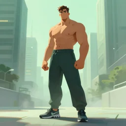 battle hardened, overpowering, pragmatic, charismatic character male handsome muscular acronym pants and nike presto sneakers, portrait, confident, modern cityscape, outdoors, architecture, fog, sunny, volumetric lighting, illustration, perfectly shaded, greenish tinge, cold lights soft painting, art by krenz cushart and wenjun lin