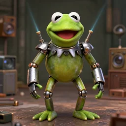 kermit the frog as a robot, metallic, lasers, old