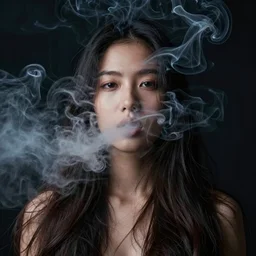 candid!! long portrait of a very very beautiful! young filipino woman with narrow face, large eyes and flowing long hair, dramatic swirling thick dreamy smoke is coming from her mouth, face partially obscured, dark background, by conrad roset, abstract, thought provoking, dramatic lighting, trending on artstation