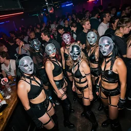 photograph of a provocative techwear female group near the bar of a packed busy rundown nightclub, lots of people, variety of sharp sparkly creepy masks, harnesses and garters, retrofuturism, brutalism, cyberpunk, sigma 85mm f/1.4, 15mm, 35mm, tilted frame, long exposure, 4k, high resolution, 4k, 8k, hd, wide angle lens, highly detailed, full color, harsh light and shadow, intoxicatingly blurry