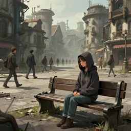 sadie sink in hoodie sits on bench in ruined square, pedestrians walk by, steampunk tenements : storyboard, scifi cyberpunk. by gabriel hardman. cinematic atmosphere, detailed and intricate, perfect anatomy