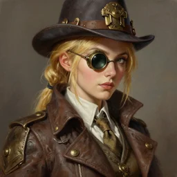 a detective woman with blonde hair wearing a coat and a monocle, a detailed painting by wlop, trending on artstation, steampunk art, artstation hd, detailed painting, anime aesthetic
