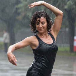European woman photograph, (dark shorter curly hair), (38 years old), (good looking ), intelligent, dancing in the rain,
