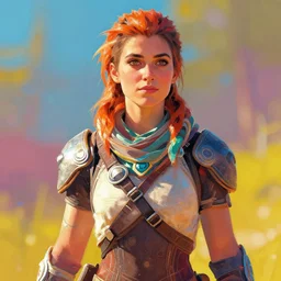 action portrait of alexandra daddario as aloy from horizon zero dawn, digital art, bright colors, high contrast, bokeh, visible paint, by loish