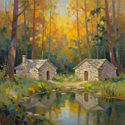 sparse stone cottages underneath a dense tall forest, pristine ponds. fine painting intricate brush strokes, bright depth oil colors. 2 8 mm perspective photography by araken alcantara. intense promiseful happiness, autumn sunrise warm light. hopeful environment of bodyscapes