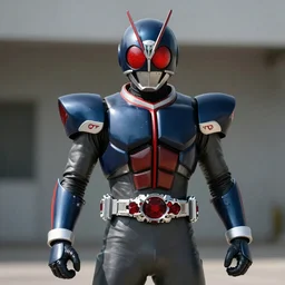Hard Science Fiction Kamen Rider, dark blue armor with red secondary color glowing eyes, daytime, grey rubber undersuit