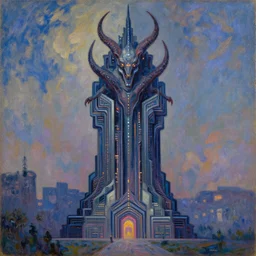 a cyberpunk art deco monument to moloch by greg rutkowski and claude monet, oil on canvas