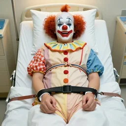 crazy clown strapped in hospital bed with wrist restraints on, restraints have fabric straps attached to hospital bed, photograph, 8 k